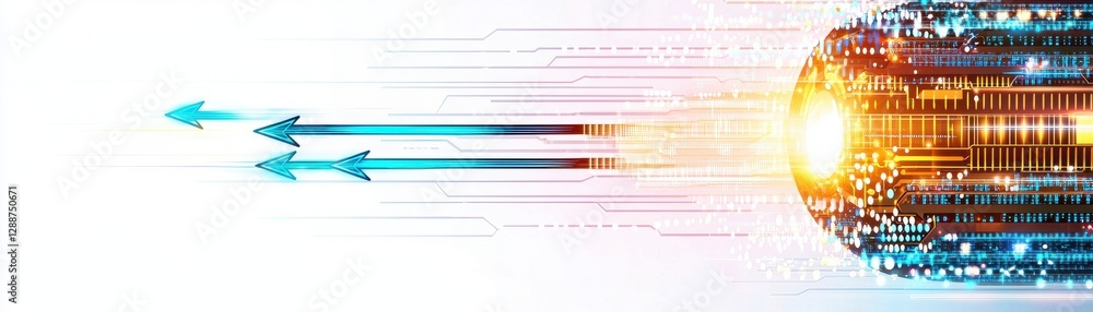 Poster a dynamic visual of arrows and glowing elements symbolizing speed, technology, and innovation, conve