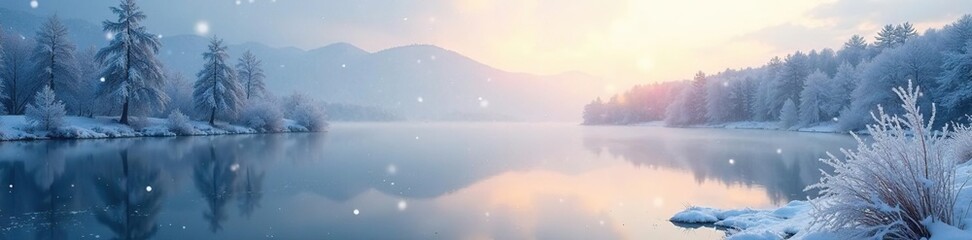 Frosty morning landscape with snowflakes falling on a serene lake, frost, frozen, serene