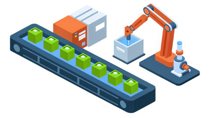 Obraz premium Automated robotic arm assisting in product assembly on conveyor belt