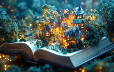 Open book with colorful illustrations of a small enchanting village on top, whimsical landscape, vibrant colors, magical atmosphere, highresolution, 8K quality
