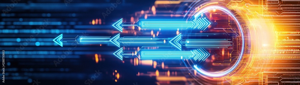 Poster a dynamic digital design featuring blue arrows and glowing elements against a dark background, repre