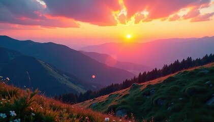 Gentle sunrise over rolling mountains and valleys, gentle, mountain