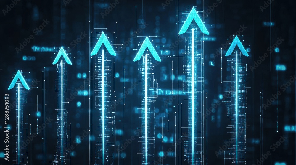 Aufkleber a futuristic digital display featuring glowing blue arrows pointing upwards, symbolizing growth and 
