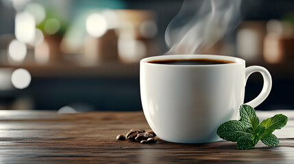 Fototapeta premium A steaming cup of coffee on a wooden table, garnished with fresh mint leaves, evoking warmth and comfort.