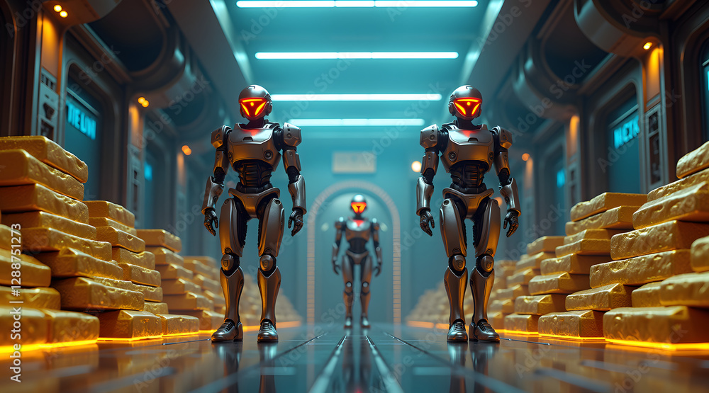 Poster futuristic robots stand guard amidst stacks of gold bars in a high-tech environment illuminated by b