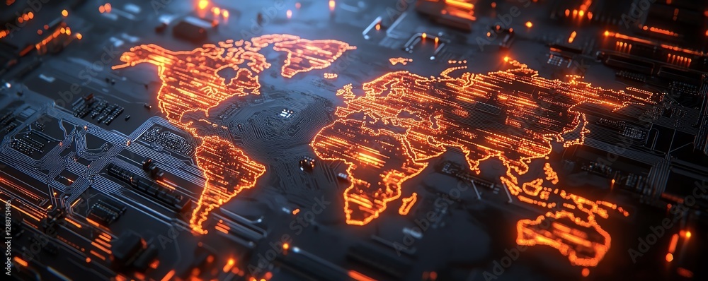 Poster pcb world map closeup with detailed circuits and glowing elements, representing global technology an