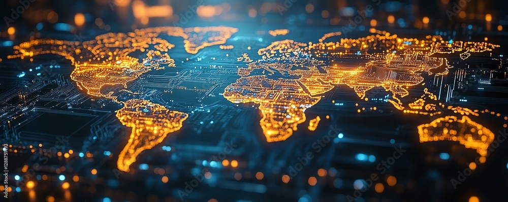 Poster pcb world map closeup with detailed circuits and glowing elements, representing global technology an