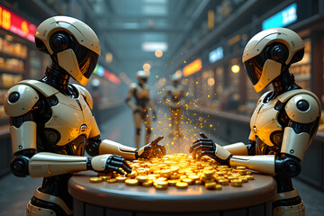 Fototapeta premium Two humanoid robots, with sleek metal bodies and glowing features, sit at a round table covered in glimmering gold coins, engaged in a strategic game with an air of competition