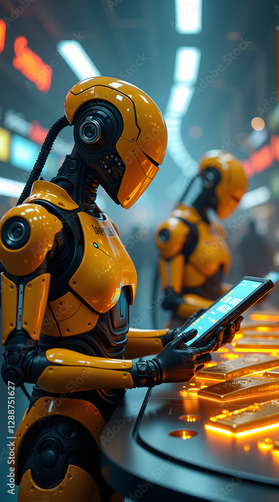 Poster two futuristic robots with orange and black exteriors are interacting with glowing screens in a busy