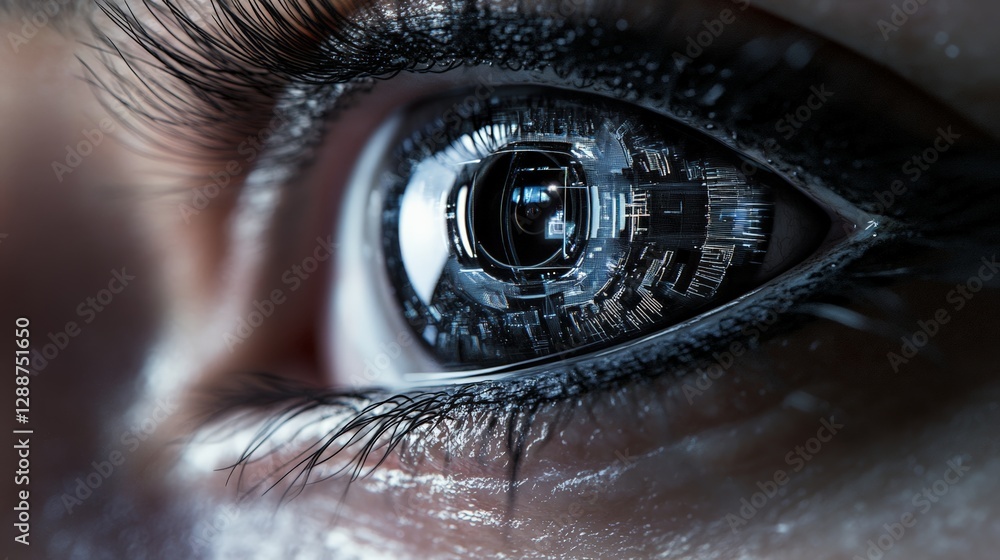 Poster close up of a human eye undergoing a futuristic bionic implant, showcasing advanced cybernetic techn