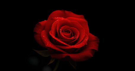 Close-up of a vibrant red rose with water droplets.
