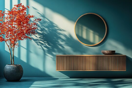 Modern interior design featuring a vibrant red tree round mirror and stylish floating cabinet against a teal wall with shadow patterns
