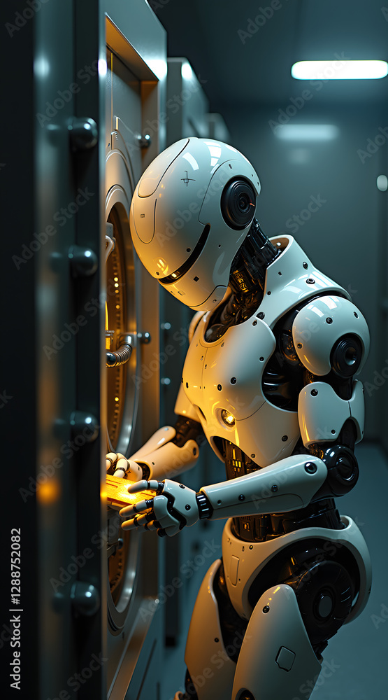 Poster a futuristic robot works diligently at a high-tech vault, illuminated by soft ambient light, showcas