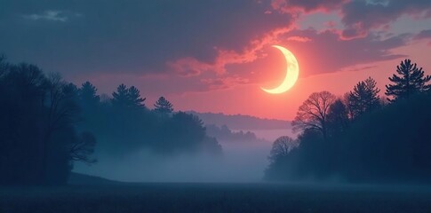 Fototapeta premium Low hanging crescent moon over a misty forest, crescent moon, mist, forest