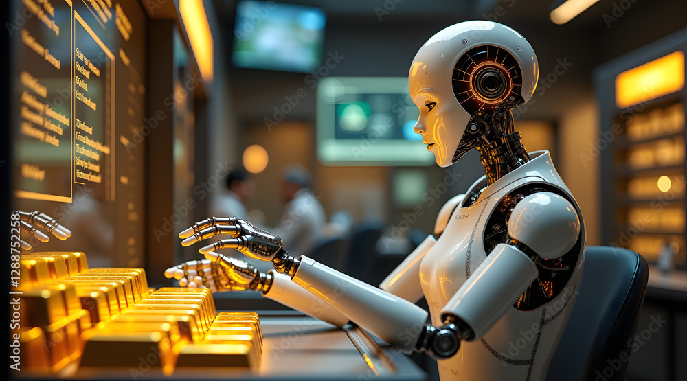 Poster a futuristic robot sits at a desk, typing on a keyboard with glowing gold bars in front of it, showc