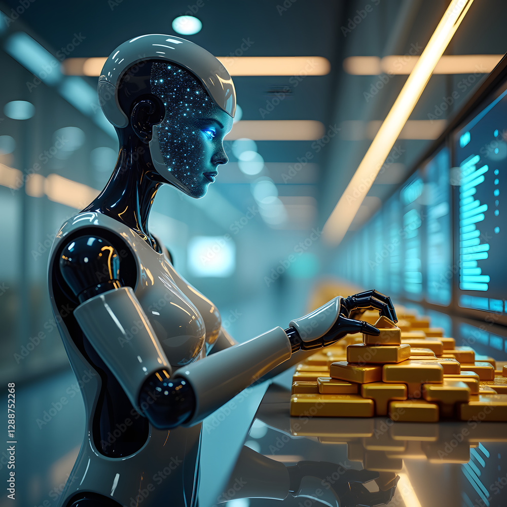 Poster a futuristic robot with a sleek design examines gold bars in a high-tech environment highlighting we
