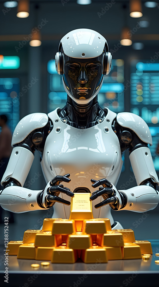 Aufkleber a futuristic robot with a sleek design is meticulously handling a gold bar in a high-tech environmen