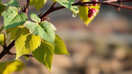 Fototapeta premium A vine with drops of sap on its leaves and stems in early spring, spring, agriculture