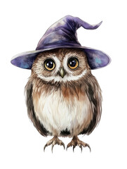Fototapeta premium Watercolor painting of an owl wearing a witch hat with a colorful background and detailed features isolated on transparent background.