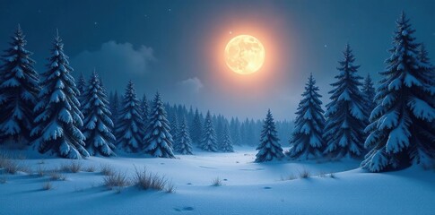 Forest is covered in soft layer of fresh fallen snow and the moon shines through it casting an ethereal glow, landscape, evergreen
