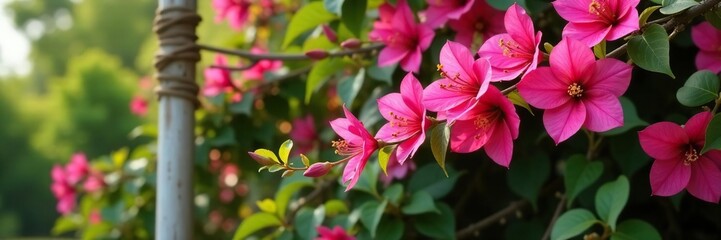 Naklejka premium Full bloom of Bougainvillea on a wooden pole wrapped vines, nature, bougainvillea