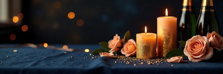 Golden glittery candles on a navy blue tablecloth with champagne bottles, ribbons, and sparkling flowers, bottles, gold, luxury