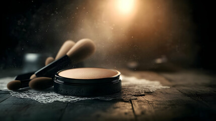 Obraz premium A stunning display of makeup and brushes in soft lighting, perfect for beauty and cosmetic themes.
