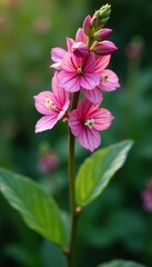Obraz premium Pink Evening Primrose stem with tiny white flowers in the garden, botany, botanical