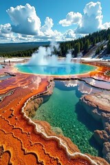 Microscopic life thrives in the grand prismatic spring, thermal waters, warm environments, algal blooms