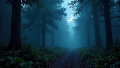 Obraz premium Silver crescent illuminates misty forest trail, path, mystical