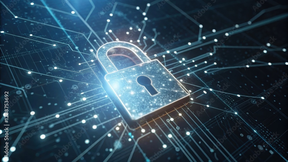 Poster cybersecurity shield: an illuminated digital padlock glows, safeguarding a network's core. this high