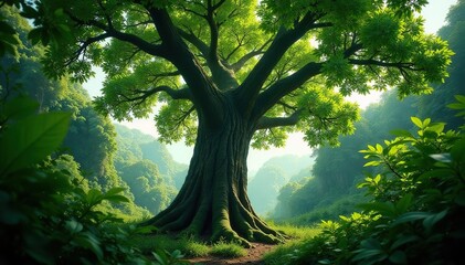 Fototapeta premium Dense foliage surrounds a towering Mahogany tree, canopy, tree, overgrowth