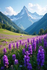 Obraz premium A field of purple flowers grows amidst mountain peaks, field, landscape, purple