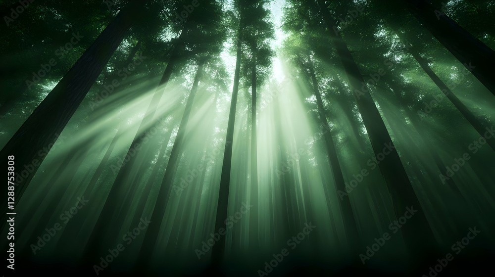 Poster a stunning view of towering trees in a lush forest, illuminated by soft rays of sunlight, creating a