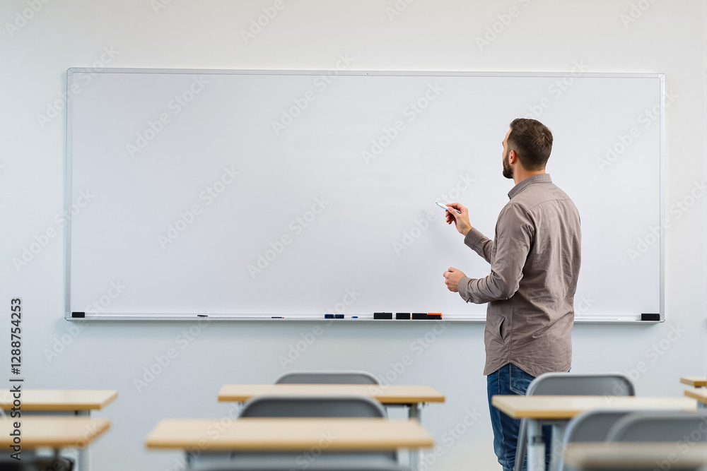 Poster instructor writing on a whiteboard in an empty classroom. the space features clean desks and a minim