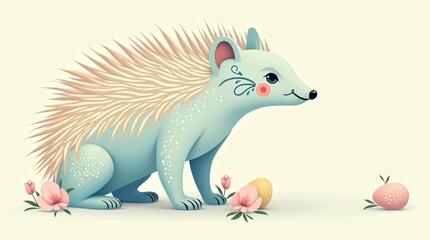 Obraz premium Cute minimal pastel animal easter egg scene hedgehog with eggs and flowers whimsical illustration soft background