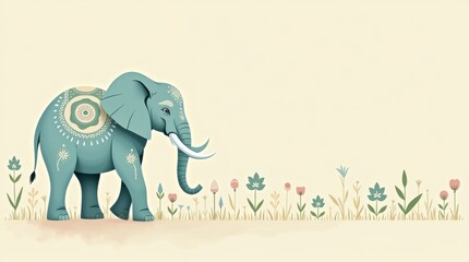 Fototapeta premium Cute pastel elephant with easter egg in a minimal floral page design animal art soft colors playful vibe