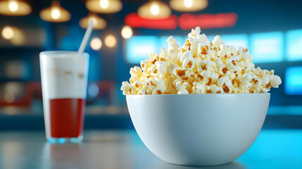 A tantalizing bowl of popcorn sits in the foreground, with a refreshing drink in the background, perfect for movie nights.