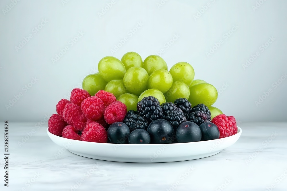 Poster full body shot of an assorted fruit platter featuring fresh berries and grapes on a clean white tabl