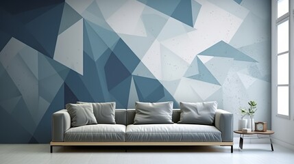 Modern wall painting renovation featuring geometric patterns in shades of blue, creating a stylish and contemporary living space, interior design concept