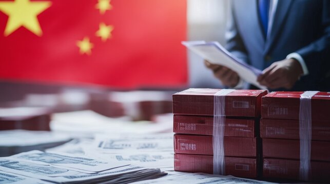 Chinese customs officer reviewing documents customs office photography close-up professional environment inspection process