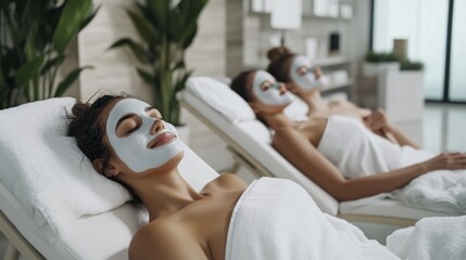 Gen Z friends enjoying a spa day, getting facials and relaxing. Featuring wellness and relaxation