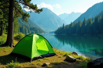 Lush green tent nestled amongst towering pines near tranquil lake , conifers, solitude, stock photo