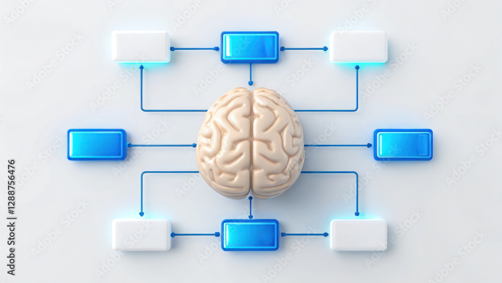 Poster 3d rendered brain icon connected to business data and technology
