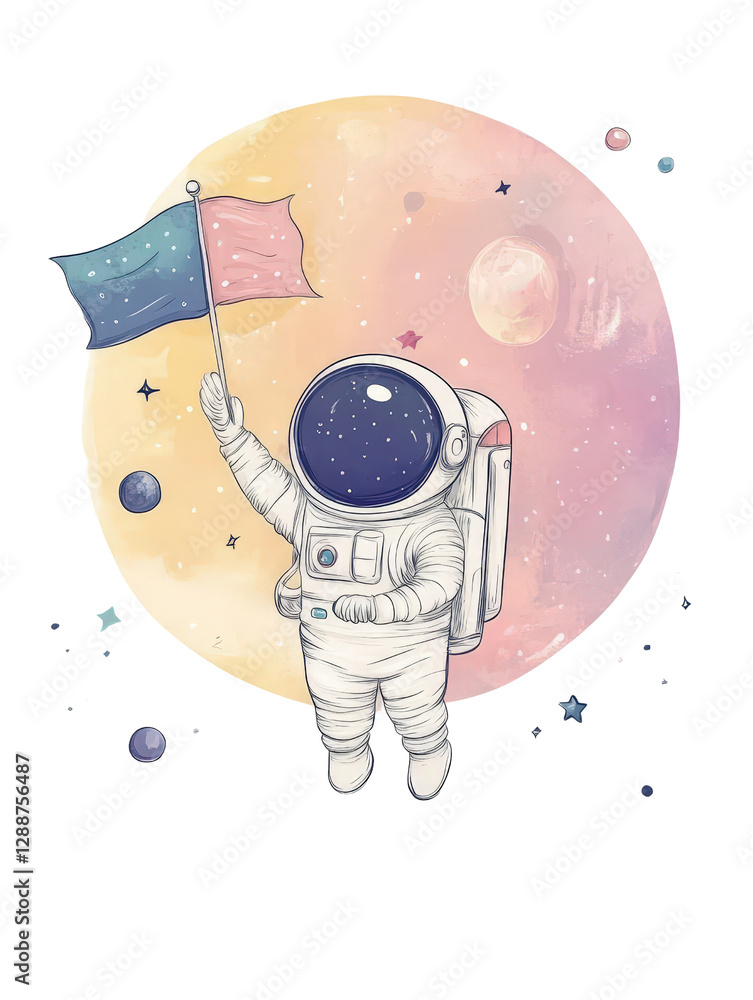 Poster astronaut holding flag in front of full moon in dark space background isolated on transparent backgr