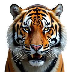 Fototapeta premium Majestic tiger close-up, intense gaze. Powerful feline portrait isolated on transparent background. Ideal for wildlife, nature, strength designs.