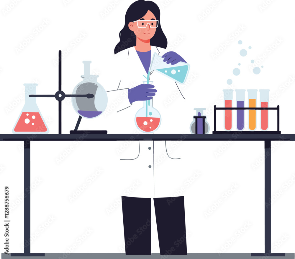 Aufkleber scientist in lab coat conducting experiments with colorful liquids flat vector art