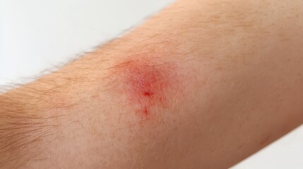Fototapeta premium Intense close-up of an arm displaying a vivid red spot on the left, resembling a fresh wound with traces of blood, surrounded by delicate skin contours