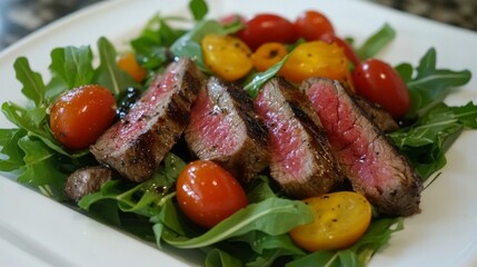 Tender Grilled Steak Slices on Fresh Greens and Colorful Tomatoes