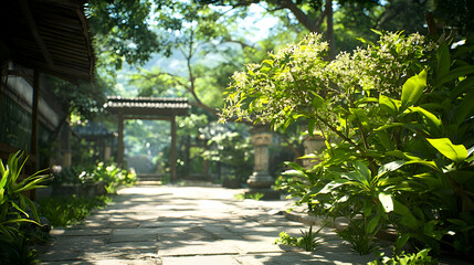 Sunlit Stone Path Through Lush Japanese Garden
